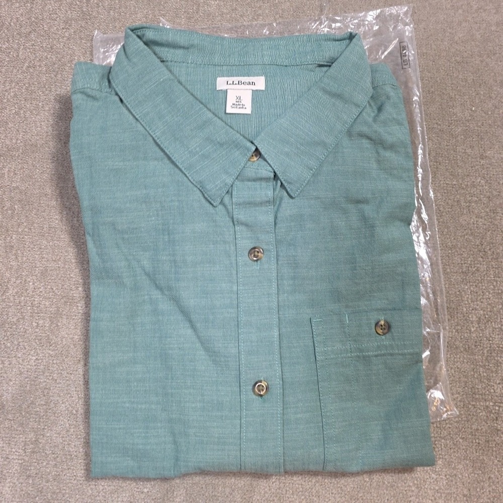 LL Bean Mens XL Reg Green Cotton Stretch Button Up Shirt Long Sleeve New In Bag